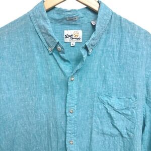 Reyn Spooner Mens Large Shirt Linen Turquoise Button Up Short Sleeve Tailored